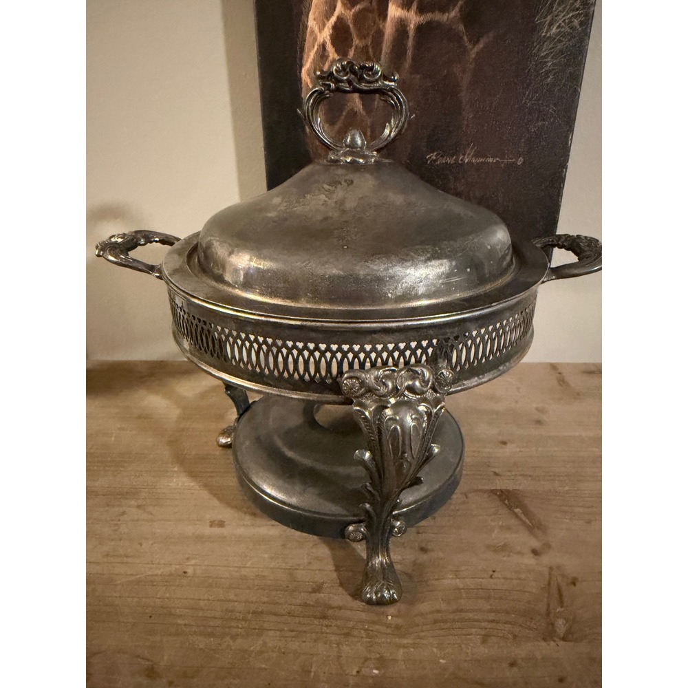 Vintage Silver Plated Chafing Dish Ornate Victorian Style Serving Stand with Lid
